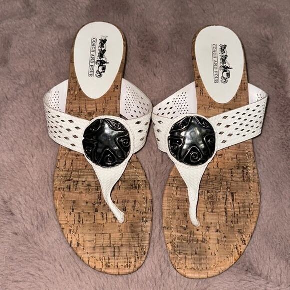 Coach & Four Sandals Womens 9M Ginette Starfish Thong White Leather Wedge Casual - Picture 1 of 5